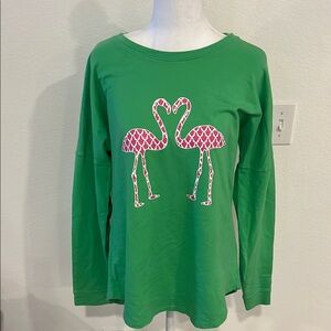 Crown & Ivy Green Long Sleeve Tee with Flamingo Graphic